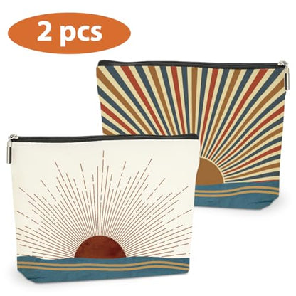 2PCS Boho Makeup Bag, Boho Gifts for Women Friend Mom Cosmetic Bag | Sunlight Rays Natural Linen Zipper Pouch Best Gifts for Girls Sister Travel Sunshine Cosmetic Bag - color: Multicolor 0083