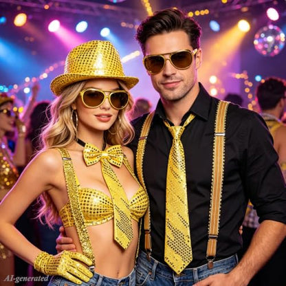 7PCS Pop Star Costume 70s 80s Disco Rock Super Star Dance Cosplay Accessories - Gloves Hat Sunglasses Tie Sequin Strap - color: Golden
