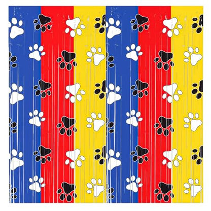 Paw Print Foil Fringe Curtains Backdrop | 2-Pack 3.3x6.6FT Dog Paw Tinsel Backdrop, Pet Streamer Birthday, Puppy Party, Baby Shower, Pet Party & Family Celebration - color: Red Blue Yellow