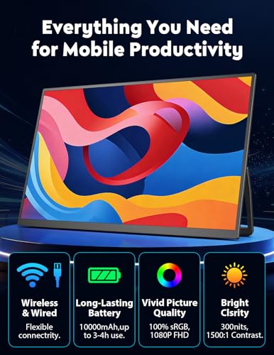 18.5" True Wireless Portable Monitor, 1080P FHD, 10000mAh Battery, Wireless Screen Mirroring (AirPlay/Miracast), Auto Rotation for Phone/Tablet, USB‑C & Mini HDMI, VESA, Protective Sleeve Included - size: 18.5"
