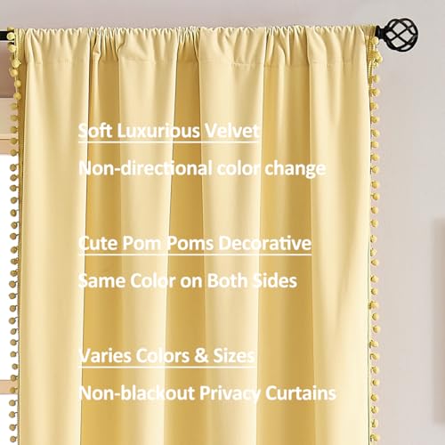 Pom Pom Velvet Curtains for Kid's Bedroom Yellow 42x84" Living Room Drapes - color: Pom Pom- Yellow, size: 42"W x 84"L (Pack of 2)