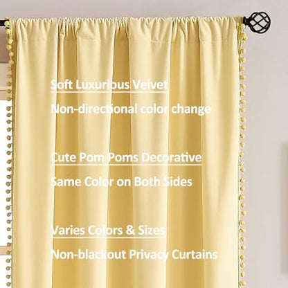 Pom Pom Velvet Curtains for Kid's Bedroom Yellow 42x84" Living Room Drapes - color: Pom Pom- Yellow, size: 42"W x 84"L (Pack of 2)
