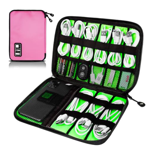 Cord Organizer Travel, Electronics Organizer Tech Pouch - Portable Cable Organizer Bag for Cords, Charger, Phone, SD Card, Power Bank for Travel & Daily Use -Pink - color: Pink Green