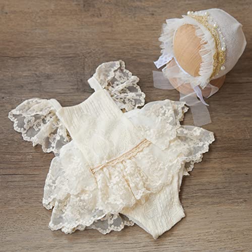 Zeroest Baby Girls Photography Lace Outfits & Props | Newborn Girl Photo Shoot Set with Romper, Headbands, Infant Photoshoot Prop - color: Floral White