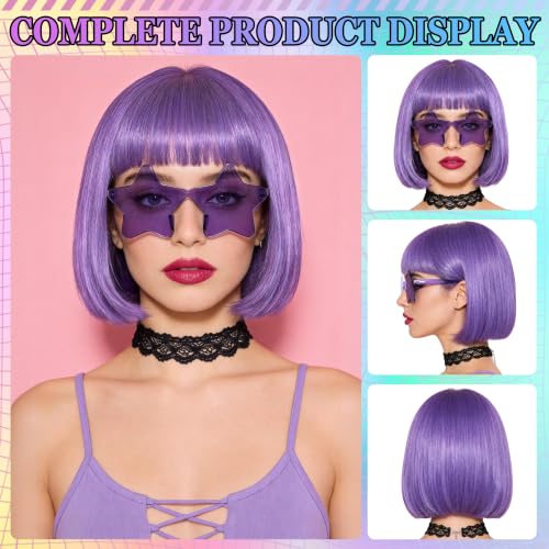 Short Bob Straight Hair Wigs with Bangs, Heat Resistant Fiber Hair, Star-shaped Glasses for Women (Pink-Purple) - color: Pink-Purple