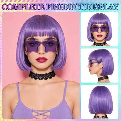 Short Bob Straight Hair Wigs with Bangs, Heat Resistant Fiber Hair, Star-shaped Glasses for Women (Pink-Purple) - color: Pink-Purple