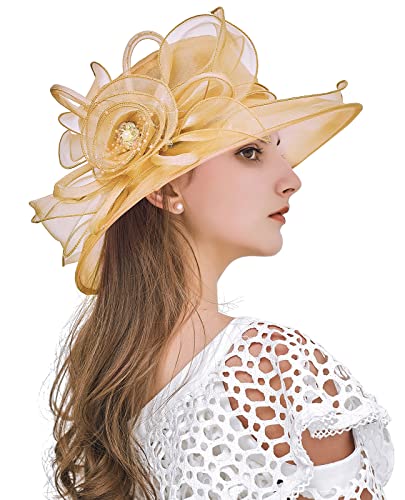 Women Derby Fascinator Hat Organza Church Wedding Hats Wide Brim Cocktail Tea Party Hat - color: 08 Khaki Gold