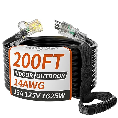 PlugSaf 14/3 Gauge 200 FT Extension Cord Outdoor, Heavy Duty Extension Cord - color: Black, size: 200FT