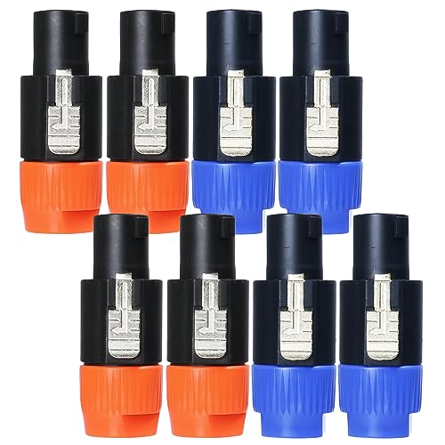 HBU 4 Pole Speakon Connectors (4pcs Blue & 4pcs Orange) - 8 Packs Total PA DJ 4 Conductor Speak-On Cable Connector with Twist Lock - Compatible NL4FC, NL4FX, NLT4X, NL2FC, NL2FX Adapter - size: 4pks Blue & 4pks Orange