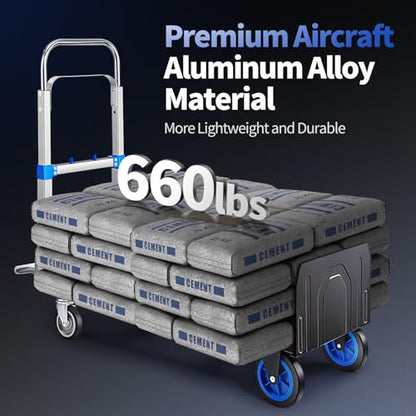 Leomru Pro 2 in 1 Aluminium Hand Truck Dolly 660lbs Capacity, Heavy Duty Convertible Hand Truck W/Pneumatic Wheels, Foldable Dolly Cart Collapsible Trolley for Moving with Retractable Handle