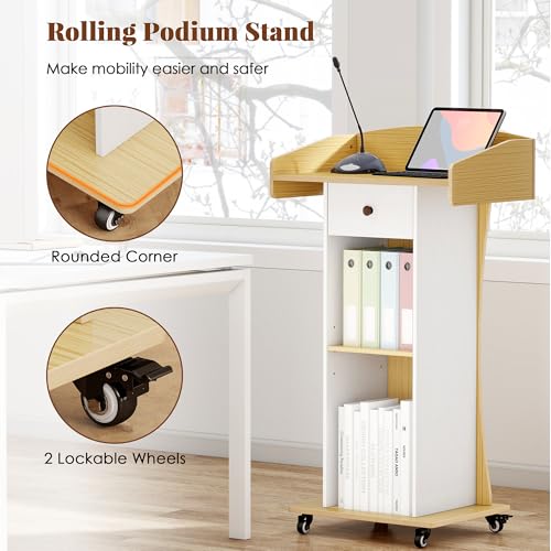 Podium Stand with Metal Wheels Wooden Lectern Podium Stand Portable Pulpit Standing with Storage Mobile Reception Podiums Desk for Church Office School Conference Restaurant Meeting,Wood - color: White&wood
