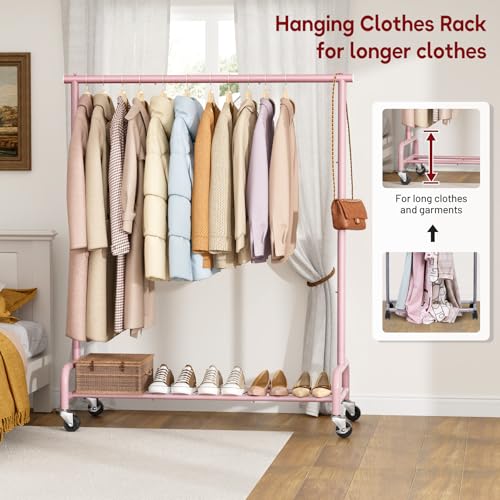 SLEEPING LAMB Heavy Duty Clothing Racks for Hanging Clothes Rack, 43" Wide Rolling Garment Rack Metal Clothing Hanger Rack with Wheels Wardrobe Rack for Coats, Shirts, Dress (Pink) - color: Pink, style: Single Rod