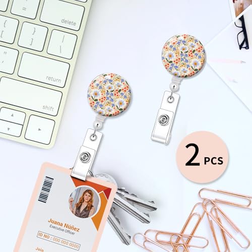 2 Pack Retractable Badge Holders Cute Badge Reel Badge Clip ID Card Holders for Student Office Worker Doctor Nurse Teacher(Blue Flowers) - color: Blue Flowers