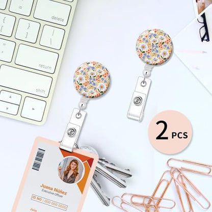 2 Pack Retractable Badge Holders Cute Badge Reel Badge Clip ID Card Holders for Student Office Worker Doctor Nurse Teacher(Blue Flowers) - color: Blue Flowers