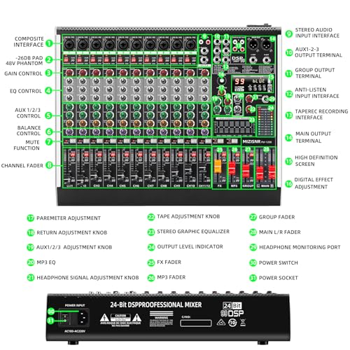 12 Channel Audio Mixer Professional Sound Mixing Board with 99 DSP Effects, 7-band EQ Digital DJ Mixer Console w/USB Bluetooth MP3 for Recording, Independent 48V Power & Mute Button - size: 12 Channel - 17.9inch