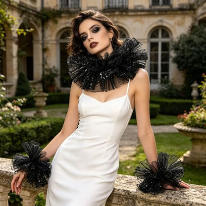 Renaissance Victorian Ruffle Collar and Wrist Cuffs Set Organza Colonial Clown Choker Neck Collar Cuff - color: Black