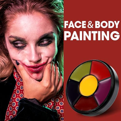 6 Colors Halloween Face Body Paint + 6pc Sponge + 3pc Brush, Yellow Purple Red Green Bruise Wheel for SFX Makeup, Face-Paint Body Paint Halloween Makeup Kit for Zombie Clown Joker Alien Witch Costume - color: Set 03