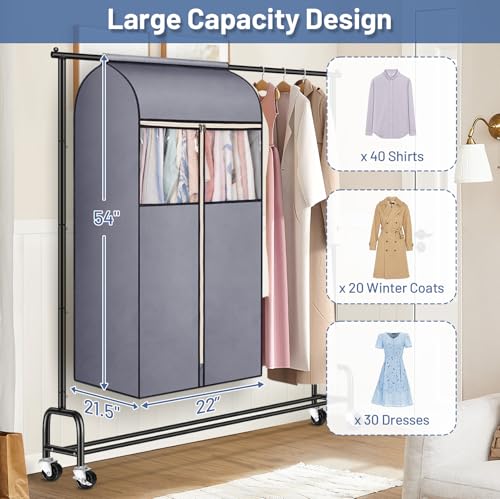 SLEEPING LAMB 54'' Hanging Garment Bags for Closet Storage Sealed Completely Jackets Coats Suits Clothes Rack Cover for Wardrobe with Clear PVC Window, 2 Packs, Grey(Hanging Rod Not Included) - size: 54 inches