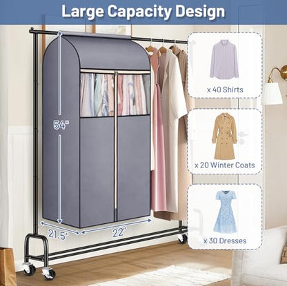 SLEEPING LAMB 54'' Hanging Garment Bags for Closet Storage Sealed Completely Jackets Coats Suits Clothes Rack Cover for Wardrobe with Clear PVC Window, 2 Packs, Grey(Hanging Rod Not Included) - size: 54 inches