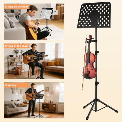 Vangoa Sheet Music Stand, Professional Portable Music Stand for Sheet Music with Violin Hanger, Folding Sheet Music Folder Music Instrument Stand with Carrying Bag, MD-3 - size: Music Stand + Violin Hanger