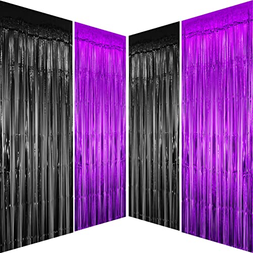 Black Purple Metallic Tinsel Foil Fringe Curtain - Video Game Birthday Baby Shower Graduation Halloween Retirement Bachelorette Wedding Anniversary Carnival Party Photo Booth Backdrop Decoration, 4pc