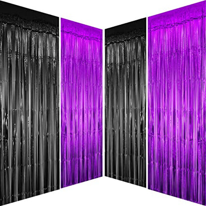Black Purple Metallic Tinsel Foil Fringe Curtain - Video Game Birthday Baby Shower Graduation Halloween Retirement Bachelorette Wedding Anniversary Carnival Party Photo Booth Backdrop Decoration, 4pc