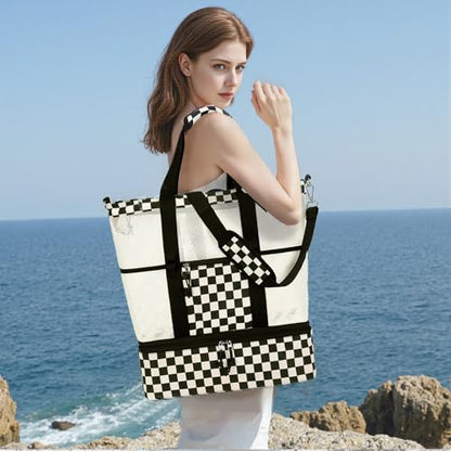 Bluboon Mesh Beach Tote Bag with Cooler Compartment Insulated Detachable Picnic Bag with Zipper and Pocket Pool Bag for Women - color: A-black and White Grid
