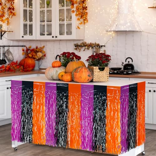 2 Pack 29.5x108 Inch Foil Tinsel Fringe Table Skirts, Disposable Table Skirts for Rectangle Tables Curtains Backdrop Parade Wedding Floats Baby Shower Party (Black, Orange, Purple) - color: Black, Orange, Purple