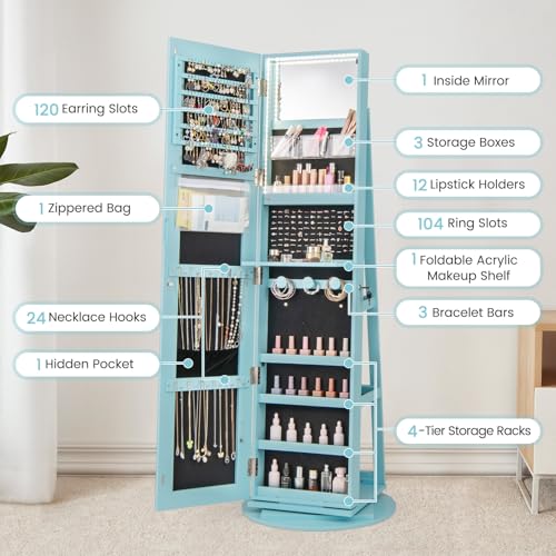 LOKO 360° Swivel Jewelry Cabinet, Lockable Jewelry Organizer (Sky Blue) - color: Sky Blue