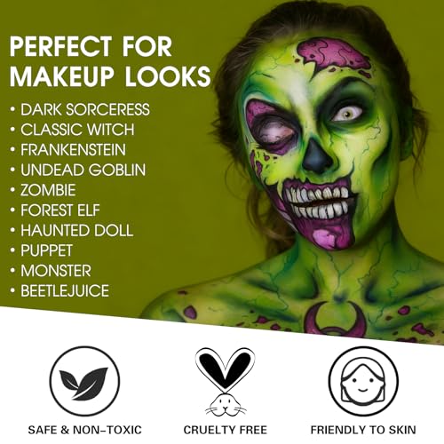 BOBISUKA Light Green & Black Face Body Paint Stick Kit with Black Lipstick & Eyeliner Pen, Setting Powder & 2 Sponges – Halloween Makeup Set for Beetle Juice, Demon, Monsters, Witches & Gothic Looks - color: Light Green & Black Painting Stick Set