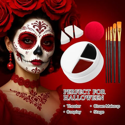 Scary Clown Makeup Face & Body Paint Kit Professional Black White Red SFX Cream Bodypaint with 5 Brushes Sponge Applicators & Clown Nose Facepainting Set for Kids Adult Halloween Joker Vampire Zombie - color: Black White Red 10 PCS
