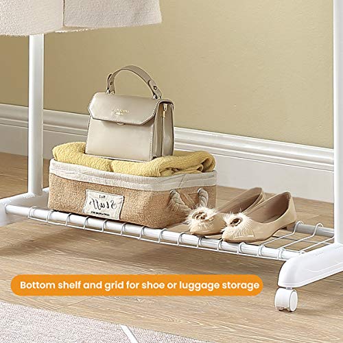 LiaMeE Adjustable Clothing Rack for Hanging Clothes, Heavy Duty Garment Rack with Wheels，Free Standing Rolling Clothes Rack with Shelf & Grid, Easy Assembly Standard Rod, White & Chrome - color: White