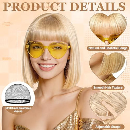 Short Bob Straight Hair Wigs with Bangs, Heat Resistant Fiber Hair, Heart-shaped Glasses for Women (Light Gold) - color: Light Gold