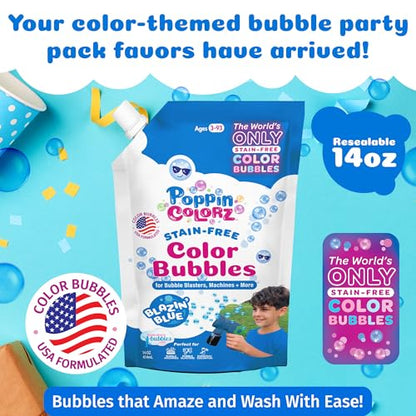 PoppinColorz Blazin' Blue Stain-Free Color Bubbles Refill, 14 oz Non Toxic Bubbles & Bubble Solution for Bubble Machines, Blasters & Guns, Kids Parties, Baby Showers & Boy Gender Reveals, Ages 3+ - color: Blue