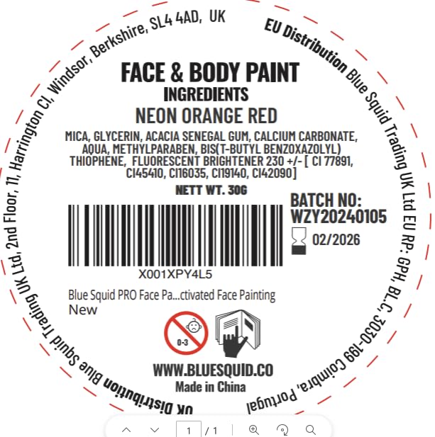 Blue Squid Face Paint Water Based Single Cake Professional Face Paint & Body Paint - Water Activated, Kids Adults Face Painting for Costume, Halloween Makeup, Cosplay - Neon Orange Red Face Paint 30g - color: Neon Orange Red