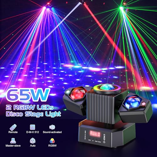 Two-Armed Moving Head Lights with RGBW 4-in-1 Stage Lighting Effect and Starry Effect Controlled by Remote,DMX512,AUTO,Sound-Activated and Master-Slave in DJ Party Concert Church Wedding Theater
