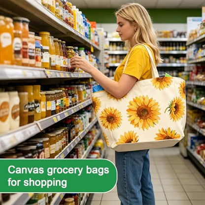 Aesthetic Canvas Reusable Grocery Bags Heavy Duty, 8.3 gal Foldable Large Tote Bag with Handles, Holds 60 lbs & Washable Eco-friendly Bags with 5 Pockets, Beige with a print 1 Bags - color: [A4] Sunflower, size: 1 Pack