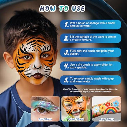 42 Color Face Painting Kit for Party – Non-Toxic Water-Activated Face & Body Paint Palette with Stencils, Brushes & Gems, Long-Lasting, Easy Wash, Ideal for Carnival, Halloween, Cosplay & Festivals