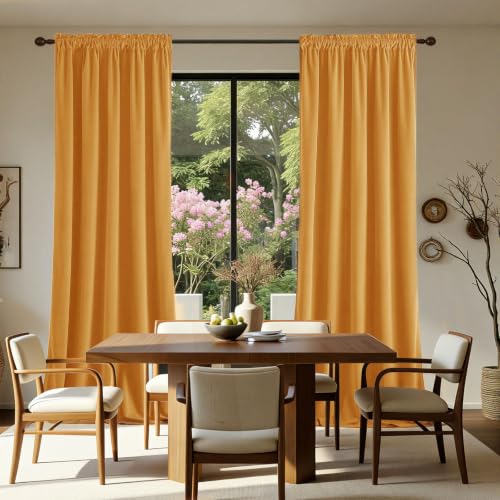 Joydeco Yellow Velvet Curtains 63 inch Length 2 Panels, Luxury Blackout Rod Pocket Thermal Insulated Window Curtains, Super Soft Room Darkening Drapes for Living Dining Room Bedroom,W52 x L63 inches - color: Rod Pocket | Golden Yellow, size: 52"W x 63"L (