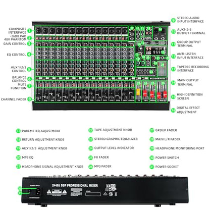 16 Channel Audio Mixer Professional Sound Mixing Board with 99 DSP Effects, 7-band EQ Digital DJ Mixer Console w/USB Bluetooth MP3 for Recording, Independent 48V Power & Mute Button - size: 16 Channel - 22.1inch
