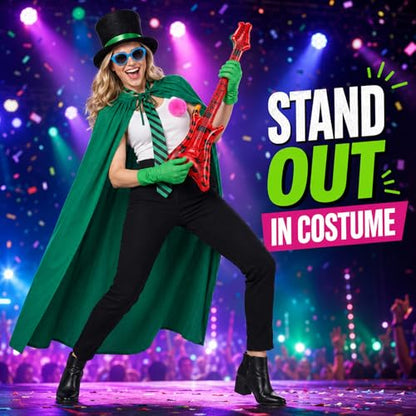 7 Pcs Green Costume Accessories Set Classic Cartoon Inspired Cape Top Hat Gloves Stripe Tie Sunglasses Inflatable Bass Halloween Cosplay Book Day Party Outfit Adults