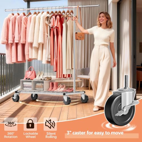 Heavy Duty Clothes Rack, Rolling Clothing Rack Load 420 LBS, Silver | Heavy Duty Clothing Rack for Hanging Clothes with Lockable Wheels & Shelves, Garment Rack for Bedroom Closet Laundry - color: Silver