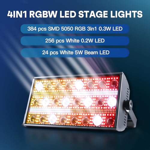 LED Stage Light 300W Strobe Lights, Wash & Beam DJ Bar Lighting, 664 Pcs RGBW LED with DMX512 Sound Activated 5/10/112 CH Uplights for Christmas Event Party Wedding Church Disco Club