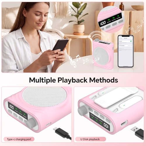Voice Amplifier for Teachers, Portable Bluetooth Mini Personal Speaker with Wireless Lavalier Mic & Silicone Protective Cover, Ideal for Classroom, Conference and Tour Guide （Pink - color: pink