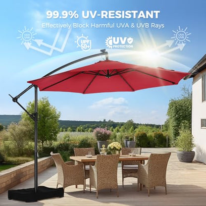 10FT Solar LED Cantilever Patio Umbrella with Base Included, Red | Premium 220GSM Solution-Dyed Fabric, 5-Year Fade-Resistant, 30 MPH Windproof, 45° Infinite Tilt and Crank for Outdoor Pool - color: Red