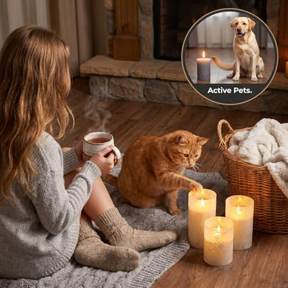 VENTA Frosted Glass LED Candles, Set of 3 | Warm Amber Flickering Pillar Candles with Remote | Creates Cozy, Relaxing Hygge Ambiance for Bedroom & Living Room - color: Foggy