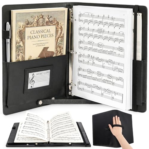 Sheet Music Folder, Choir Music Holder with Adjustable Handle Strap | 3 Ring PU Leather Piano Sheet Binder Organizer for 8.5'' x 11'' Letter Size, A4 Paper (Pages Not Included)