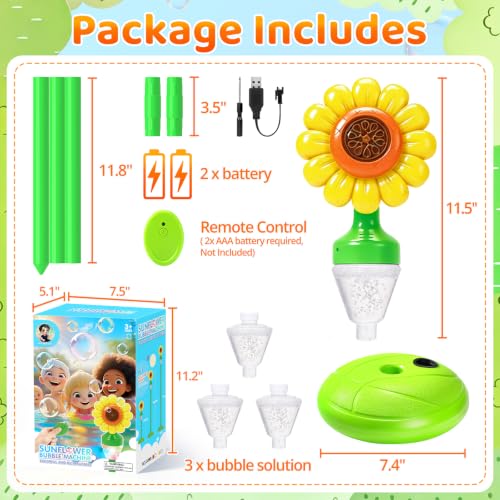 Yunaking Flower Bubble Machine Remote Control, 3 4 5 6 7 8 Year Kids Toys | 90° Bubble Blowing, Adjustable Height, With Music Light, 2 solutions, Boys Girls Christmas Gift, for Wedding Camping Party - color: Orange