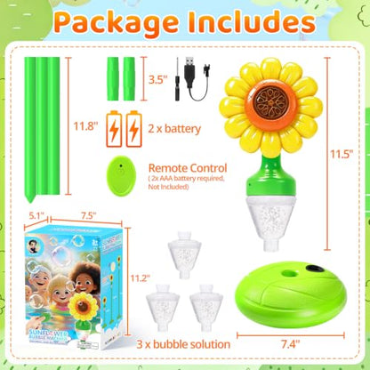 Yunaking Flower Bubble Machine Remote Control, 3 4 5 6 7 8 Year Kids Toys | 90° Bubble Blowing, Adjustable Height, With Music Light, 2 solutions, Boys Girls Christmas Gift, for Wedding Camping Party - color: Orange