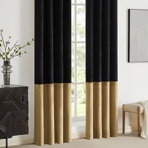 BULBUL Black Gold Color Block Window Curtains Panels 96 inches Long Velvet Farmhouse Drapes for Bedroom Living Room Darkening Treatment with Grommet Set of Black Gold | Living Room Bedroom Window Drapes,Modern Farmhouse,Room Darkening,Thermal Insulated,Gr